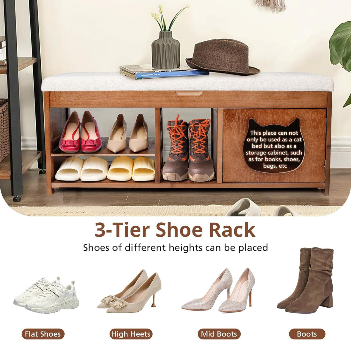 Shoe Bench with Cat Cabinet and Hidden Drawer, 2 Tier Entryway Bench with Storage 43.3 in, Solid Wood Shoe Rack with Cushion for Entryway Hallway Living Room Bedroom (400lbs+)