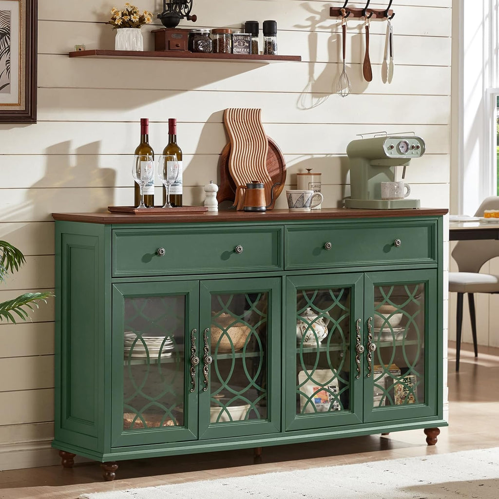 Joaxswe Farmhouse Sideboard Buffet Cabinet with Storage,Adjustable Shelves Console Table,59" Large Credenza with 4 Glass Doors & 2 Drawers,Wood Kitchen Coffee Bar for Dining Room,Living Room,Green