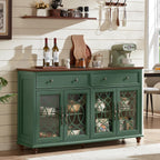 Joaxswe Farmhouse Sideboard Buffet Cabinet with Storage,Adjustable Shelves Console Table,59" Large Credenza with 4 Glass Doors & 2 Drawers,Wood Kitchen Coffee Bar for Dining Room,Living Room,Green