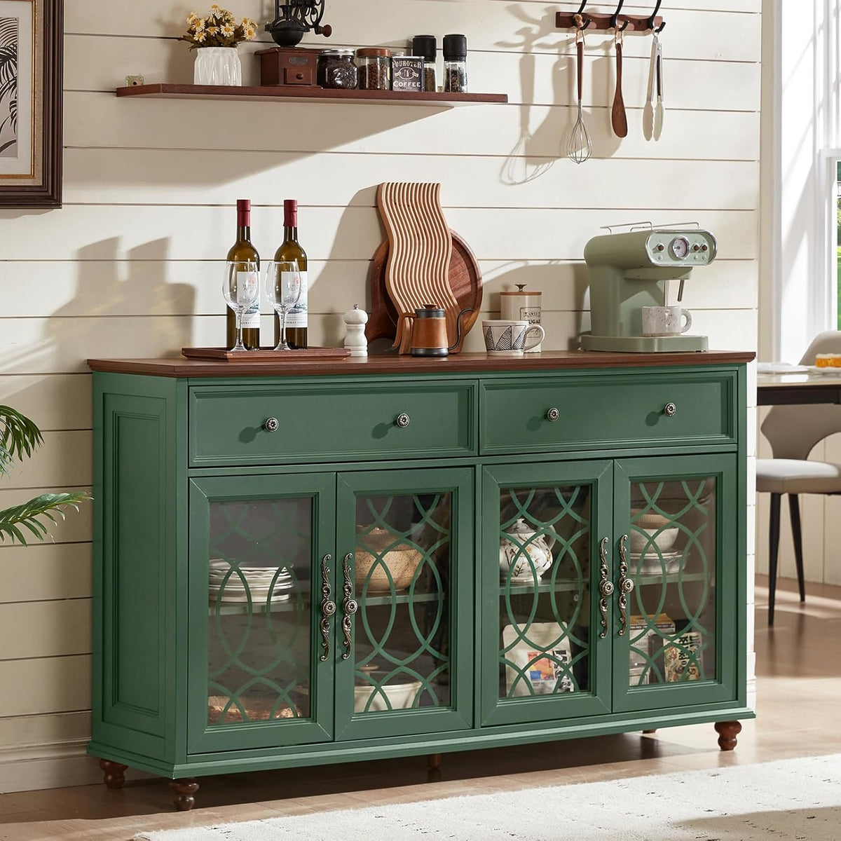 Joaxswe Farmhouse Sideboard Buffet Cabinet with Storage,Adjustable Shelves Console Table,59" Large Credenza with 4 Glass Doors & 2 Drawers,Wood Kitchen Coffee Bar for Dining Room,Living Room,Green