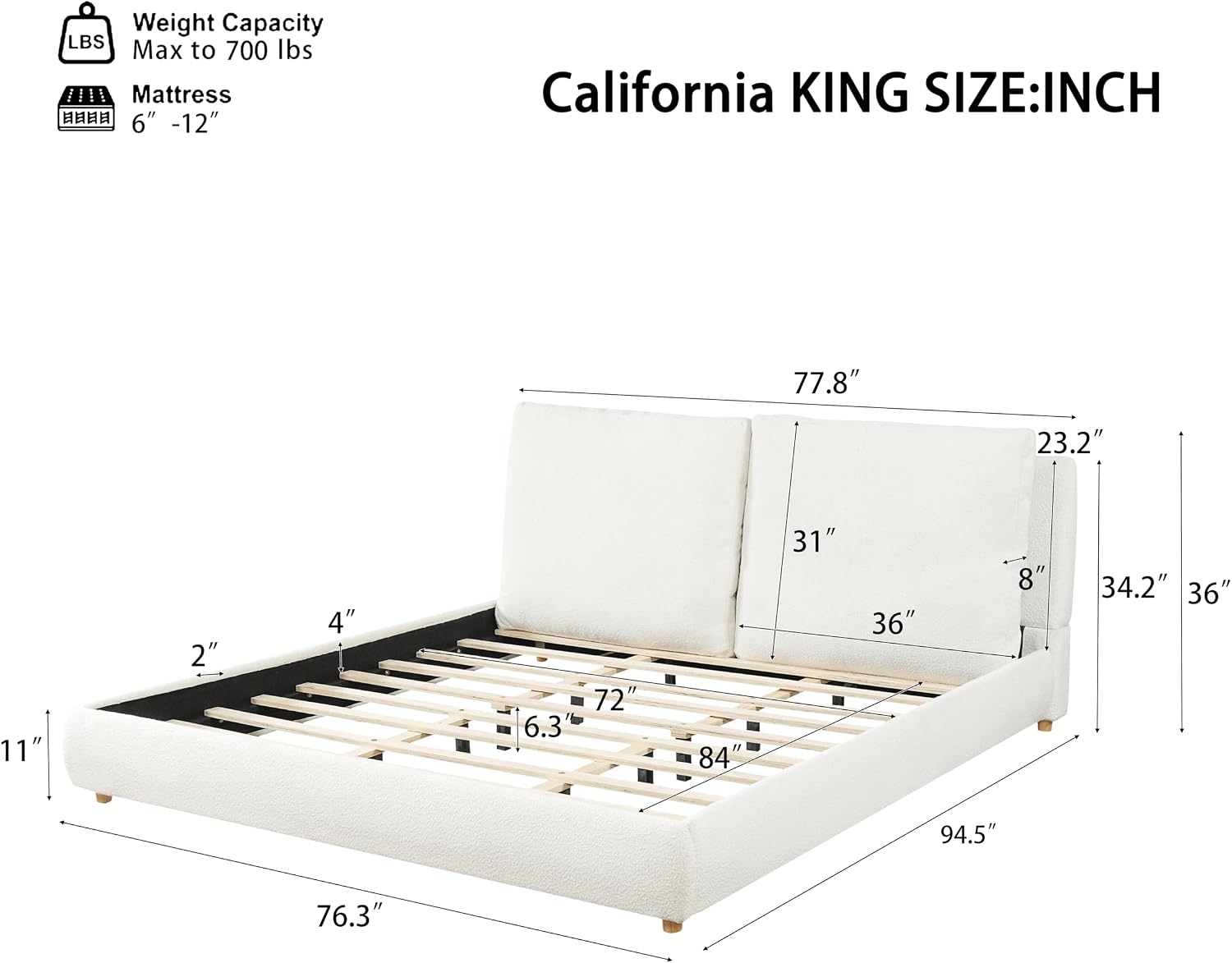 DNYN California King Size Boucle Platform Bed with 2 Removable Pillows for Bedroom Guest Room, Upholstered Cloud Bed Frame with Thick Headboard, Wooden Slats Support/No Box Spring Needed/Easy Assemble
