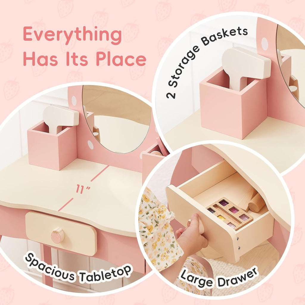 OOOK Toddler Vanity for 3 Year Old with 10pcs Pretend Makeup Accessories | FSC Safety, Kids Vanity and Makeup Table for Kids with Drawer, Pink Strawberry-Themed, Ideal Gift Choice for Girls Aged 3+
