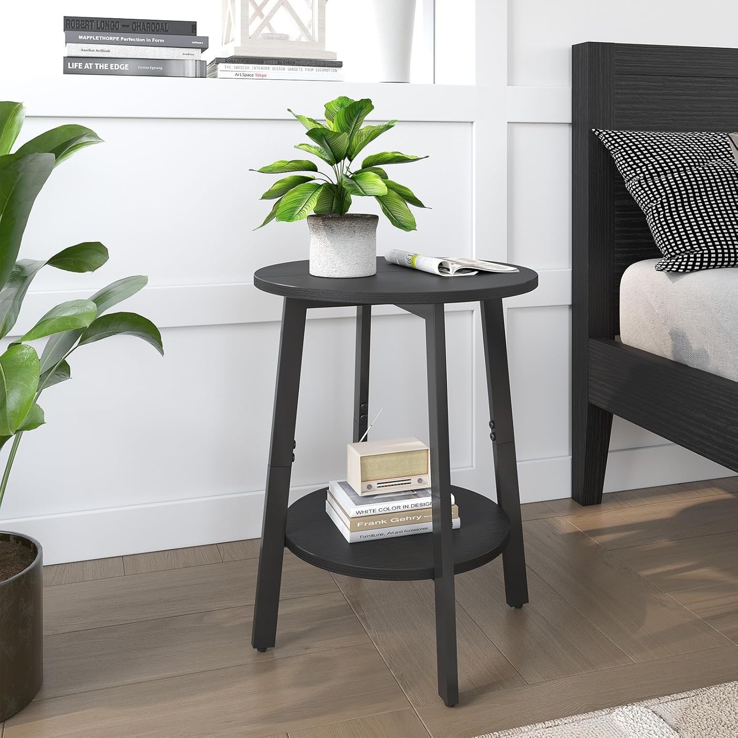 sthmec Side Table Set of 2, Small Round End Table with Storage Shelf for Small Space, 2-Tier Black Bedside Table Sofa Couch Table, Nighstands Set of 2 Accent Table for Living Room, Bedroom, Black