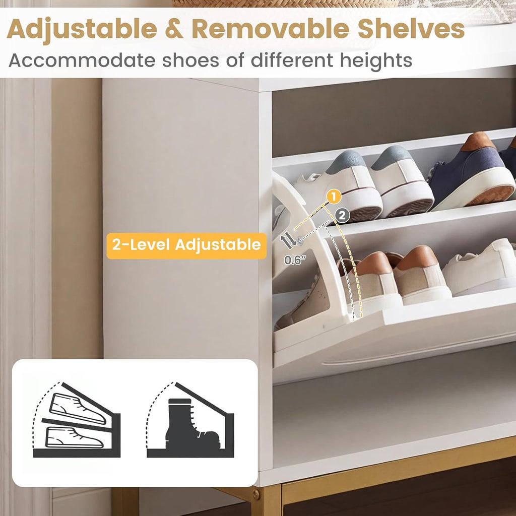 Giantex Shoe Storage Bench with 2 Flip Drawers, 39.5" W Entryway Bench with Storage, Adjustable Shelves, Modern Shoe Cabinet for Entry Way, Hallway, Foyer, Living Room, White & Gold