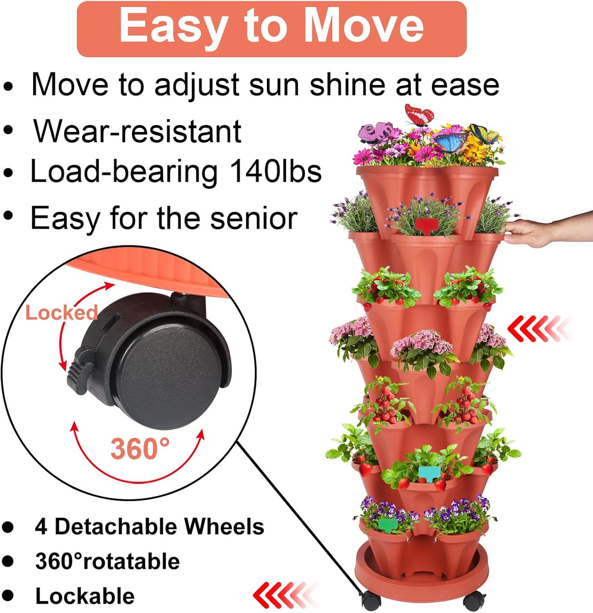 Vertical Planter, 7 Tier Stackable Strawberry Planter with Garden Tool Set, Movable Indoor/Outdoor Garden Herb Pot for Growing Vegetables and Succulents, Red