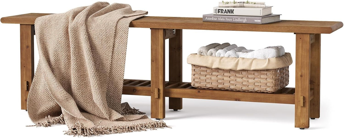 LITTLE TREE Solid Wood Entryway Shoe Bench, 63" Farmhouse Narrow End of Bed Bench with Storage Rack for Bedroom, Living Room, Entry Way, Front Door, Window, Hallway, Rustic Brown