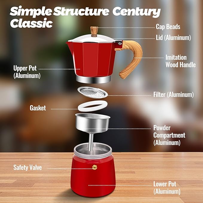 3 Cup Aluminum Moka Pot Classic Stovetop Espresso Coffee Maker 150ml 5oz Coffeemaker Percolator Mocha Pot Greca Coffee Maker Cafe Makers for Italian and Cuban Café Brewing Red
