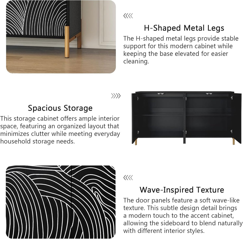 59" Buffet Cabinet, Wood Accent Cabinets with 4 Doors, Modern Cabinet with Adjustable Shelf, Credenzas for Living Room, Kitchen (Black)