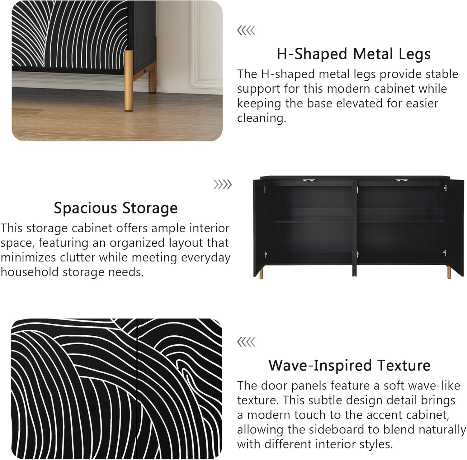 59" Buffet Cabinet, Wood Accent Cabinets with 4 Doors, Modern Cabinet with Adjustable Shelf, Credenzas for Living Room, Kitchen (Black)