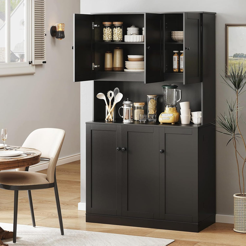 ONBRILL 71" Tall Kitchen Pantry Storage Cabinet, Kitchen Hutch, Black | Modern Food Pantry with Microwave Stand & Door Shelf, Freestanding pantry with 6 Door & Adjustable Shelves for Dining Room