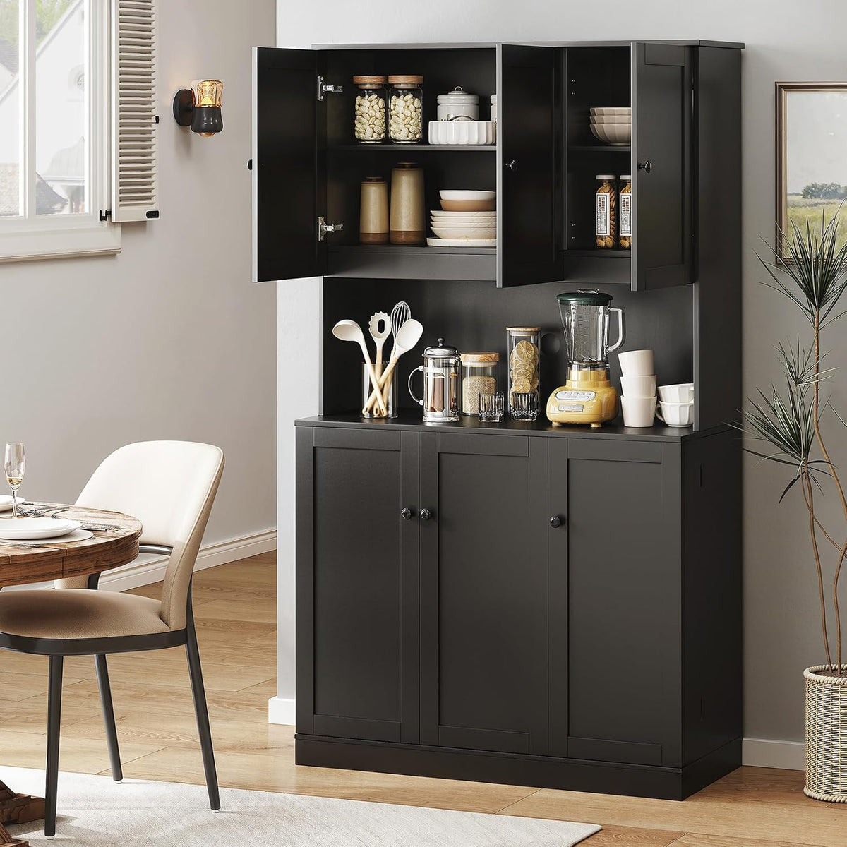 ONBRILL 71" Tall Kitchen Pantry Storage Cabinet, Kitchen Hutch, Black | Modern Food Pantry with Microwave Stand & Door Shelf, Freestanding pantry with 6 Door & Adjustable Shelves for Dining Room
