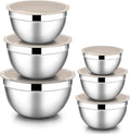 E-far Mixing Bowls with Lids, 12-Piece Stainless Steel Salad Bowls Metal Nesting Bowls for Baking Cooking and Prepping, Airtight Lids & Stackable Design, Size 7, 4.5, 3, 1.5, 1.2, 0.7 QT (Khaki)