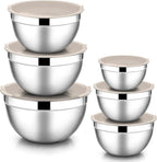 E-far Mixing Bowls with Lids, 12-Piece Stainless Steel Salad Bowls Metal Nesting Bowls for Baking Cooking and Prepping, Airtight Lids & Stackable Design, Size 7, 4.5, 3, 1.5, 1.2, 0.7 QT (Khaki)