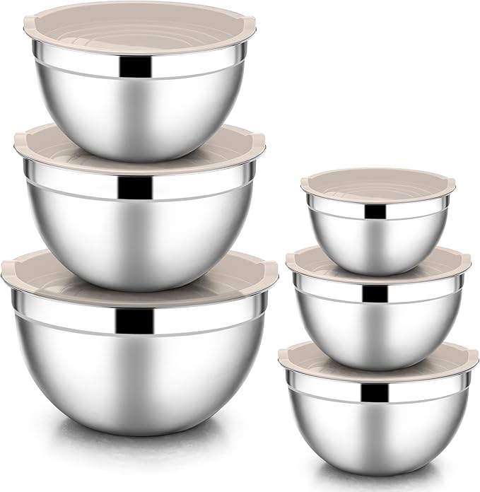 E-far Mixing Bowls with Lids, 12-Piece Stainless Steel Salad Bowls Metal Nesting Bowls for Baking Cooking and Prepping, Airtight Lids & Stackable Design, Size 7, 4.5, 3, 1.5, 1.2, 0.7 QT (Khaki)