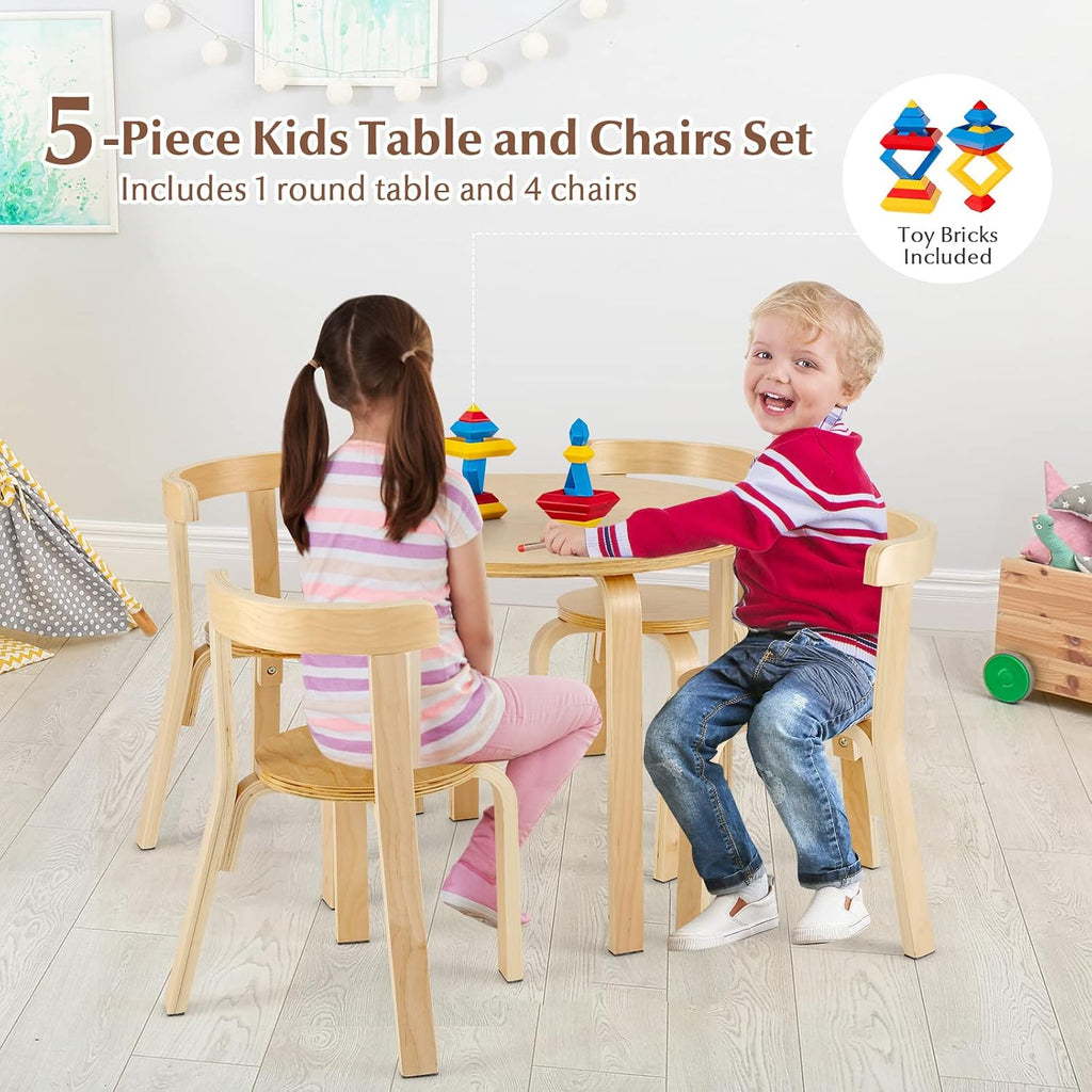 GLACER Kids Table and Chairs, Brich Round Toddler Table and Chair Set with Toy Bricks, Smooth Surfaces & Ergonomic Backrest, Activity Desk for Playroom, Classroom, Daycare, or Home Use (Natural)