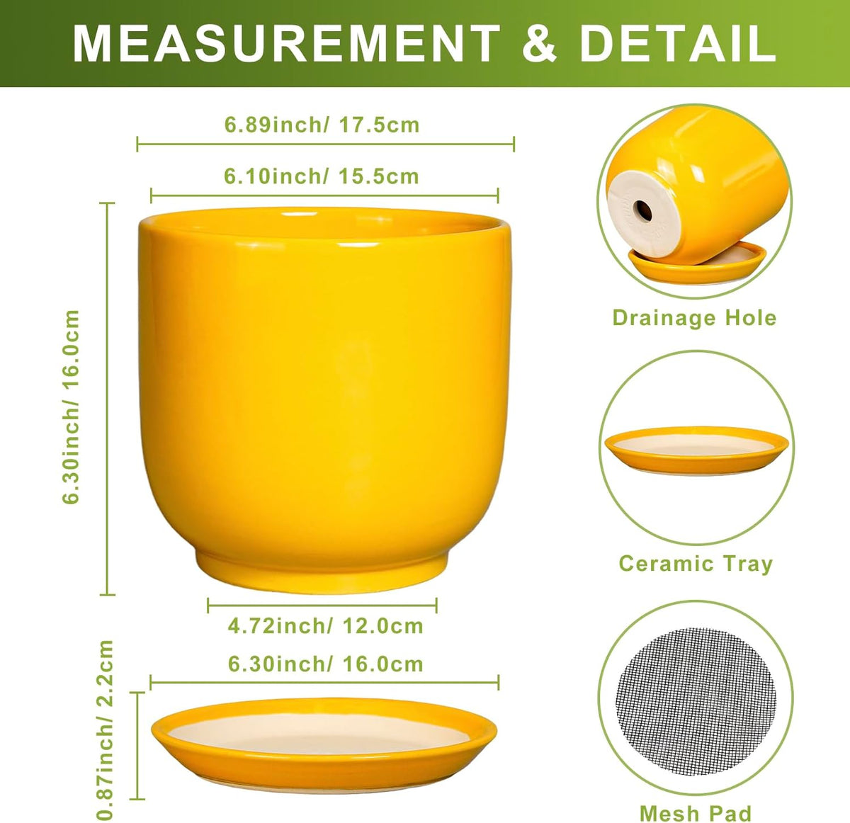 Indoor Plant Pot - 7 Inch Modern Round Ceramic Planter for Indoor Outdoor Plants with Drainage Hole and Saucer, Home Garden Office House Decor, Yellow
