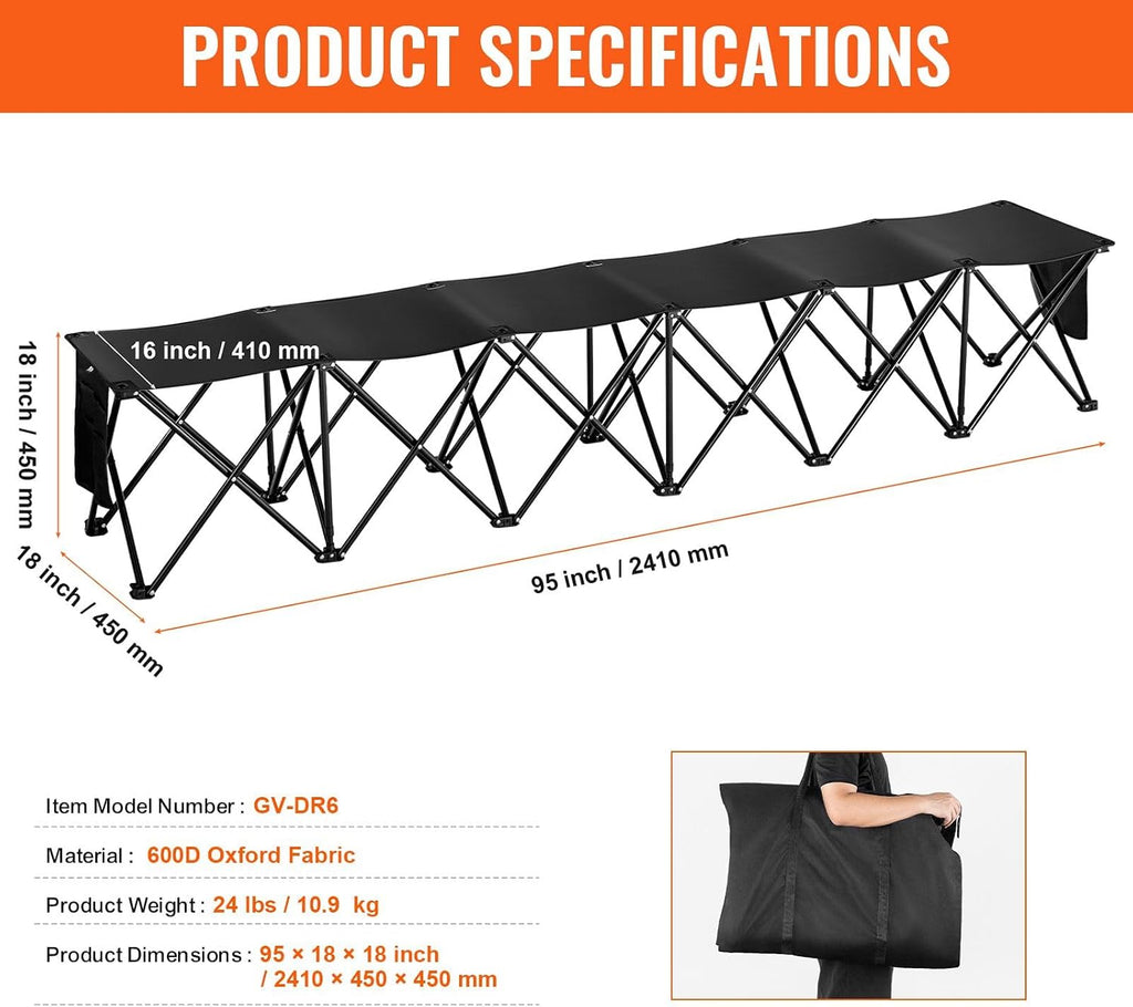 6-Seat Foldable Sports Bench with Side Pockets, Carrying Bag, 600D OxFor Ford Fabric Black for Outdoor Events