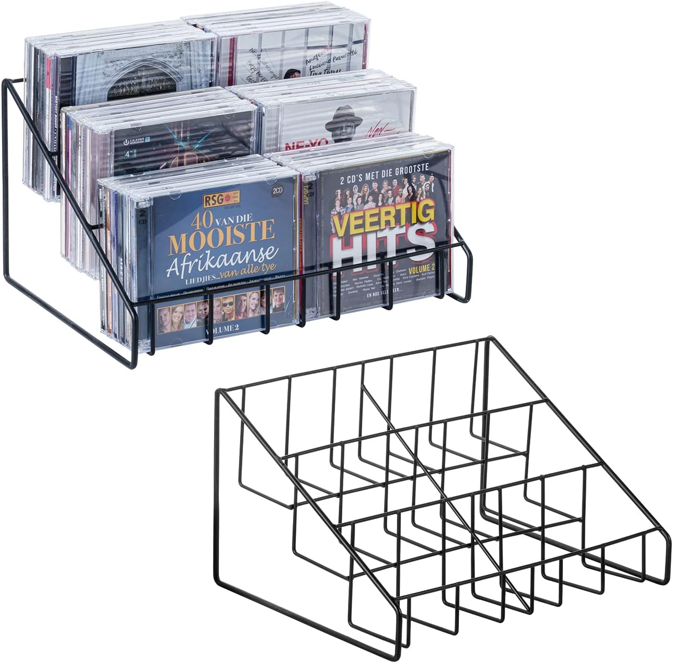 MyGift 2pc CD Storage Rack, 3 Tier Media Holder, Black Metal Organizer | Three-tier design keeps music and movie collections organized while saving desktop and shelf space with a compact footprint