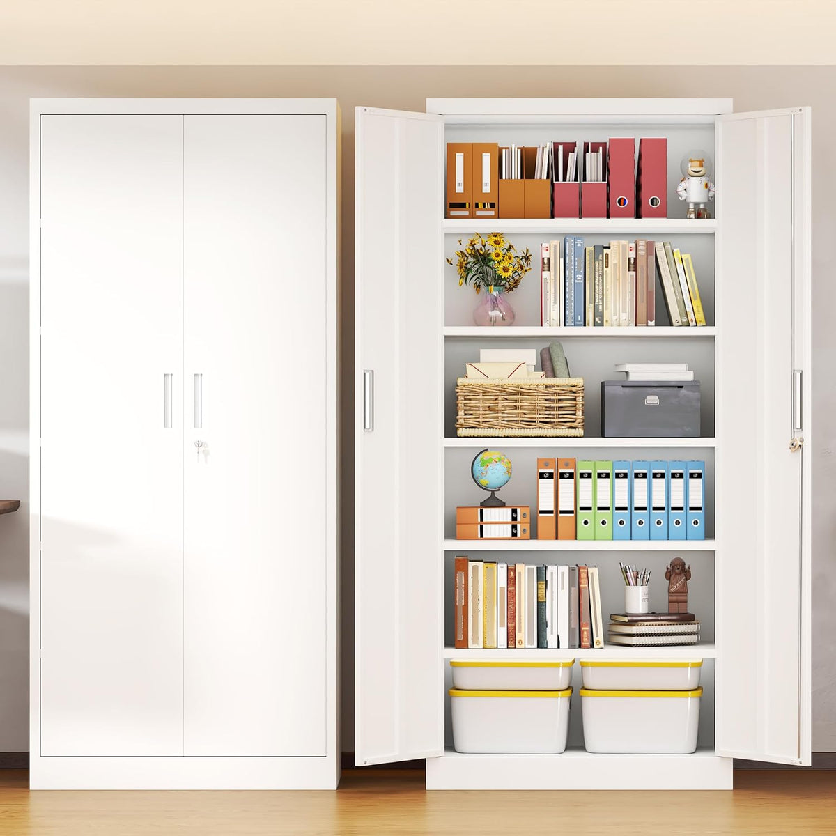 BESFUR Metal Storage Cabinets with Locking Doors and Adjustable Shelves, 71" H Steel Storage Cabinet for Garage, Office, Classroom - White