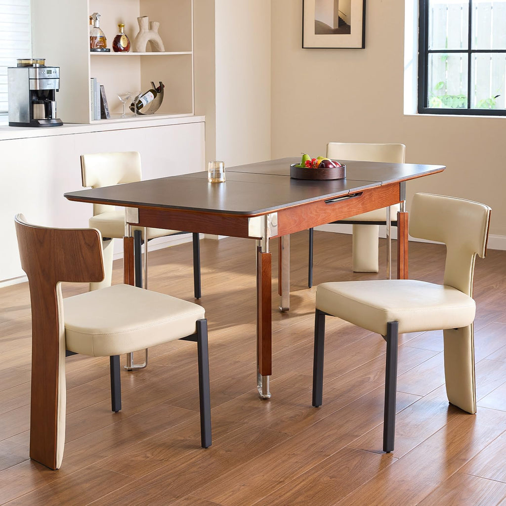 GrandNoor Beige Dining Chairs Set of 4,Faux Leather Dining Chairs with Soft Cushion,Comfortable Upholstered Armless Dining Room Chairs with Curved Plywood Back