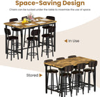 Recaceik 50" Dining Table Set for 6, 7-Piece Counter Height Bar Table Set with Upholstered Stools, Space-Saving Modern Pub Set for Kitchen, Breakfast Nook & Home Bar, Rustic Brown