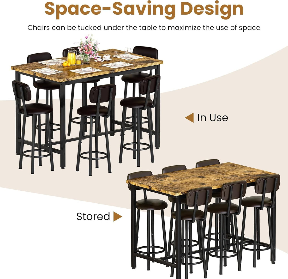 Recaceik 50" Dining Table Set for 6, 7-Piece Counter Height Bar Table Set with Upholstered Stools, Space-Saving Modern Pub Set for Kitchen, Breakfast Nook & Home Bar, Rustic Brown