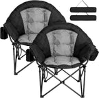 Romswi 2Pcs Oversized XL Padded Camping Chair for Adults, 500lbs Support Heavy-Duty Padded Folding Chair with Side Pocket Cup Holder, Wide&Thick, for Outdoor,Black