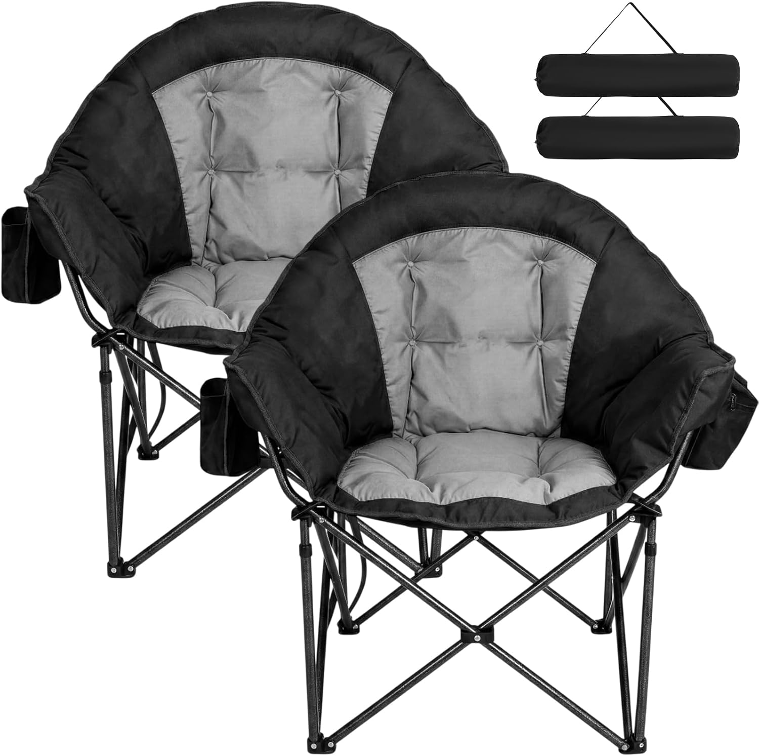 Romswi 2Pcs Oversized XL Padded Camping Chair for Adults, 500lbs Support Heavy-Duty Padded Folding Chair with Side Pocket Cup Holder, Wide&Thick, for Outdoor,Black