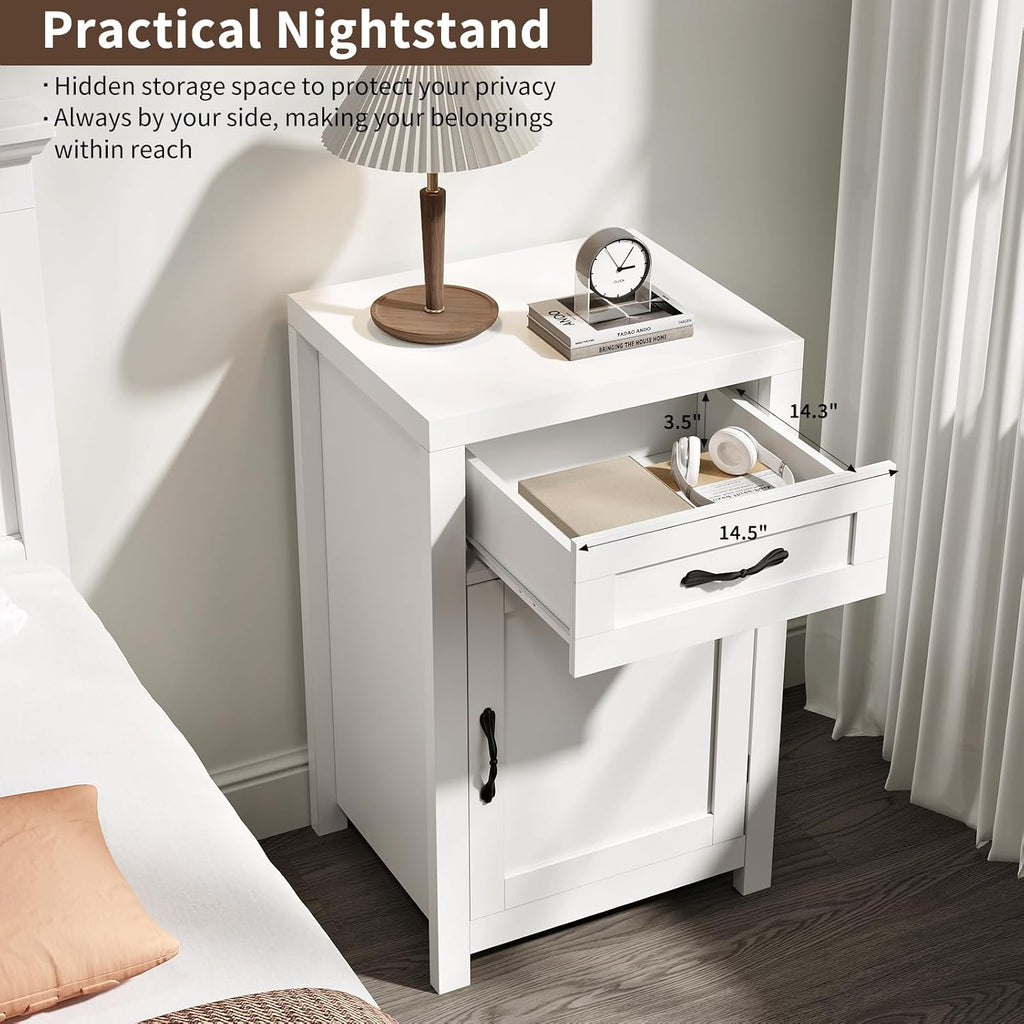 White Nightstand with Drawer, Farmhouse End Table with Storage Cabinet and Adjustable Shelf, 30" Tall Bedside Table Rustic Wood Sofa Side Table for Living Room, Bedroom