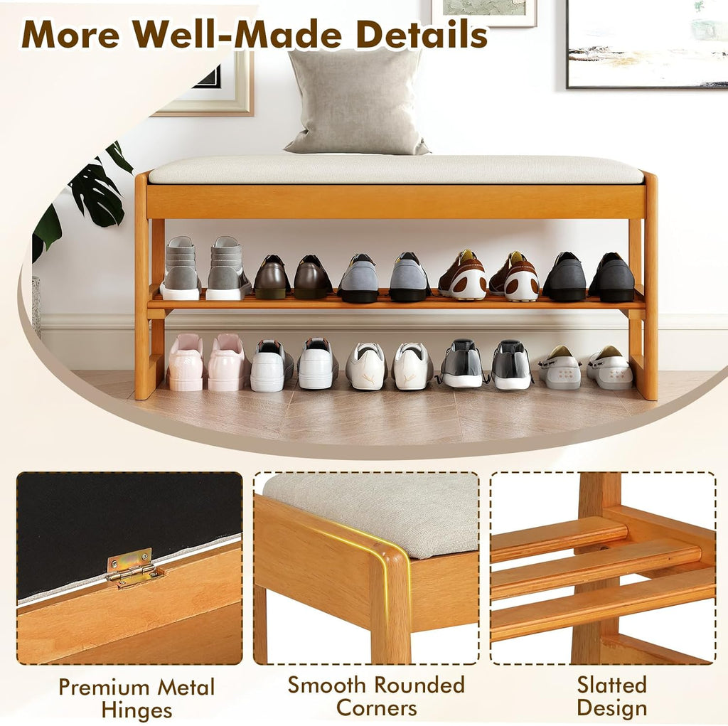 Giantex Shoe Rack Bench with Storage, Rubberwood Entryway Bench with Linen Seat Cushion, Flip-Open Storage, 2-Tier Modern Shoe Rack Organizer for Entryway, Living Room, Bedroom (Beige)