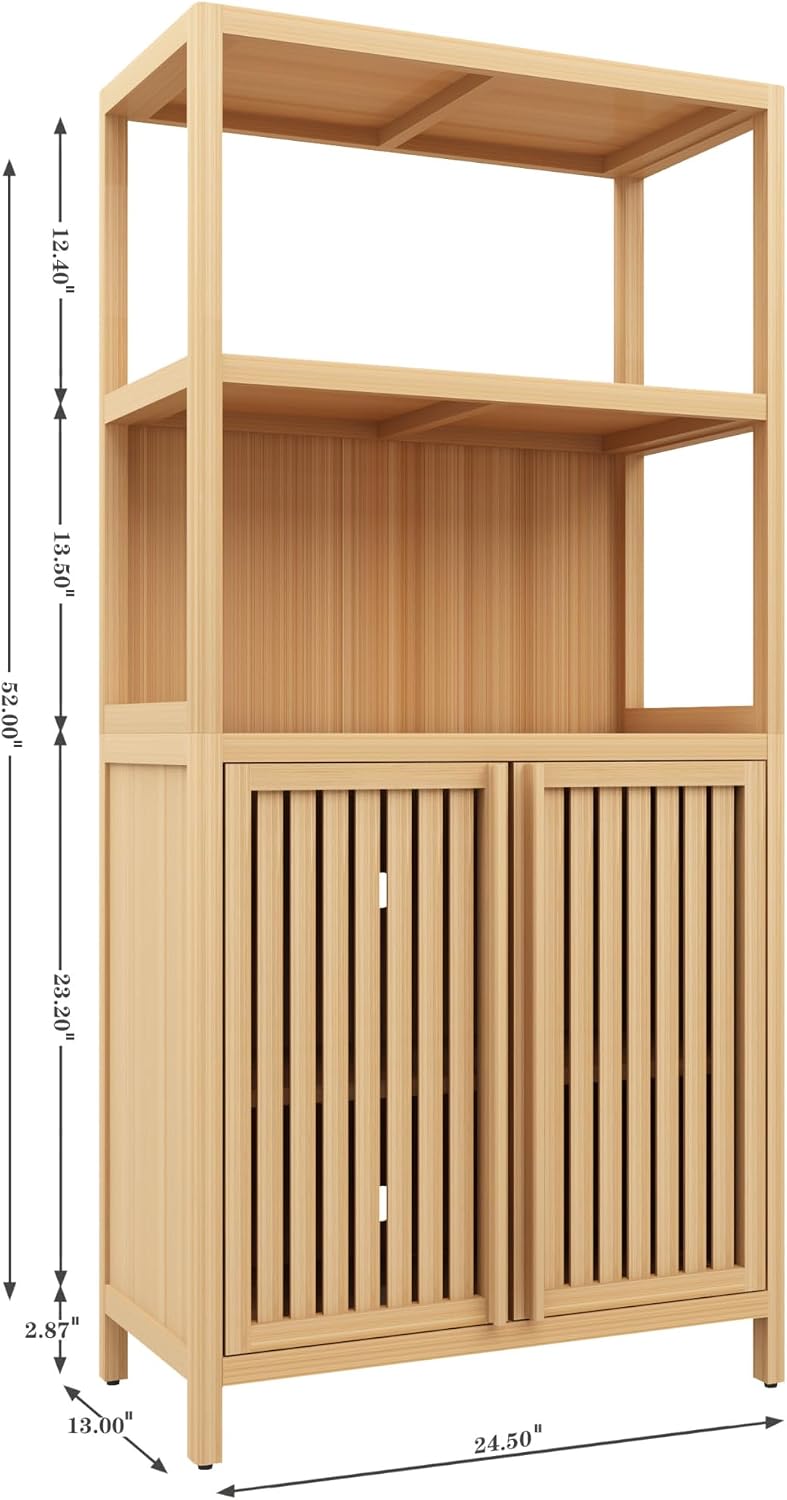 Tall Pantry Storage Cabinet, Bookcase Display Cabinet with Rattan Doors and Shelves, Food Pantry Storage Cabinet for Living Room, Dining Room, Kitchen (Neutral)