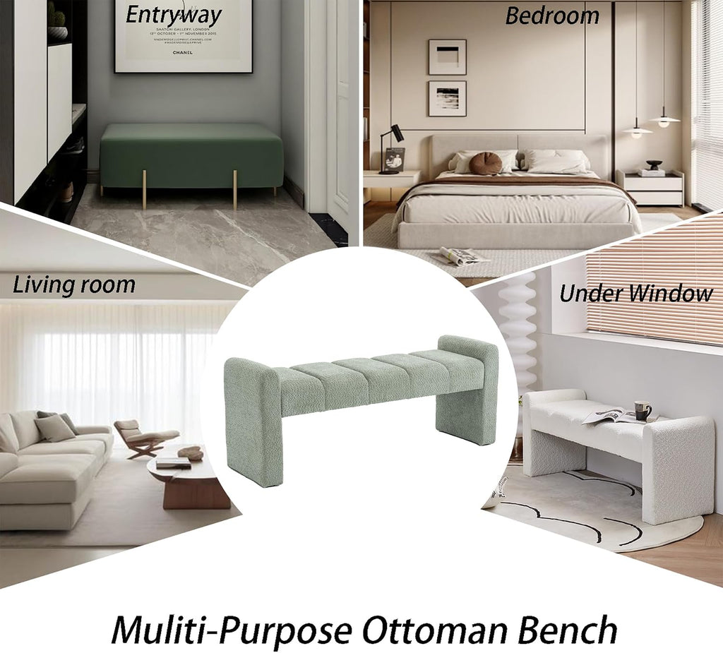 54" Boucle Bench for Bedroom Window End of Bed, Sage | Long Tufted Padded End of Bed Bench, Upholstered, For Living Room/Entryway/Dining Bench/Hallway/Indoor, Modern