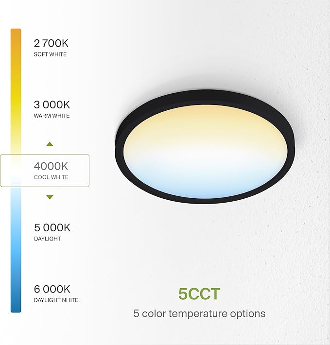 ASD LED 9" Round Flush Mount Ceiling Light Fixture, Low Profile Surface Lighting | 5CCT, Dimmable, Ultra-Thin, ETL Listed | 18W 1660LM 2700-6000K 120V | Kitchen, Bedroom, Hallway Lamp | Black, 12 Pack