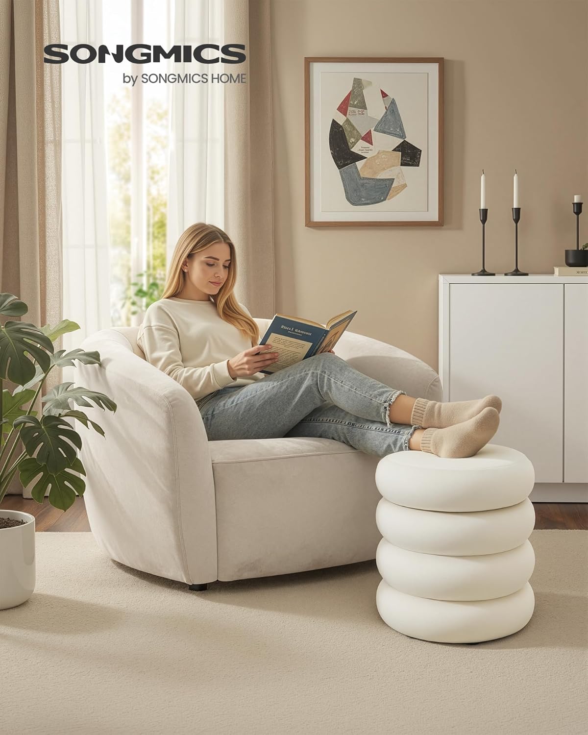SONGMICS Vanity Stool, Round Ottoman with Storage, Upholstered Foot Stool, Removable Lid, for Living Room, Bedroom, Easy Assembly, 16.9 x 16.9 x 18.5 Inches, Velvet Fabric, Cream White ULOM018LH01