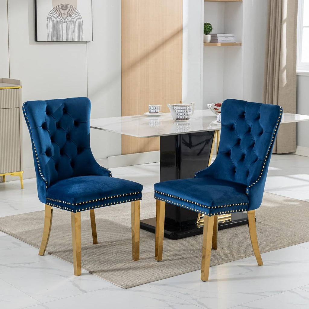 Velvet Dining Chairs Set of 6, Tufted Upholstered High Wingback Chairs with Nailhead Trim & Pull Ring, Golden Stainless Steel Legs for Dining Room, Sillas de Comedor, Blue