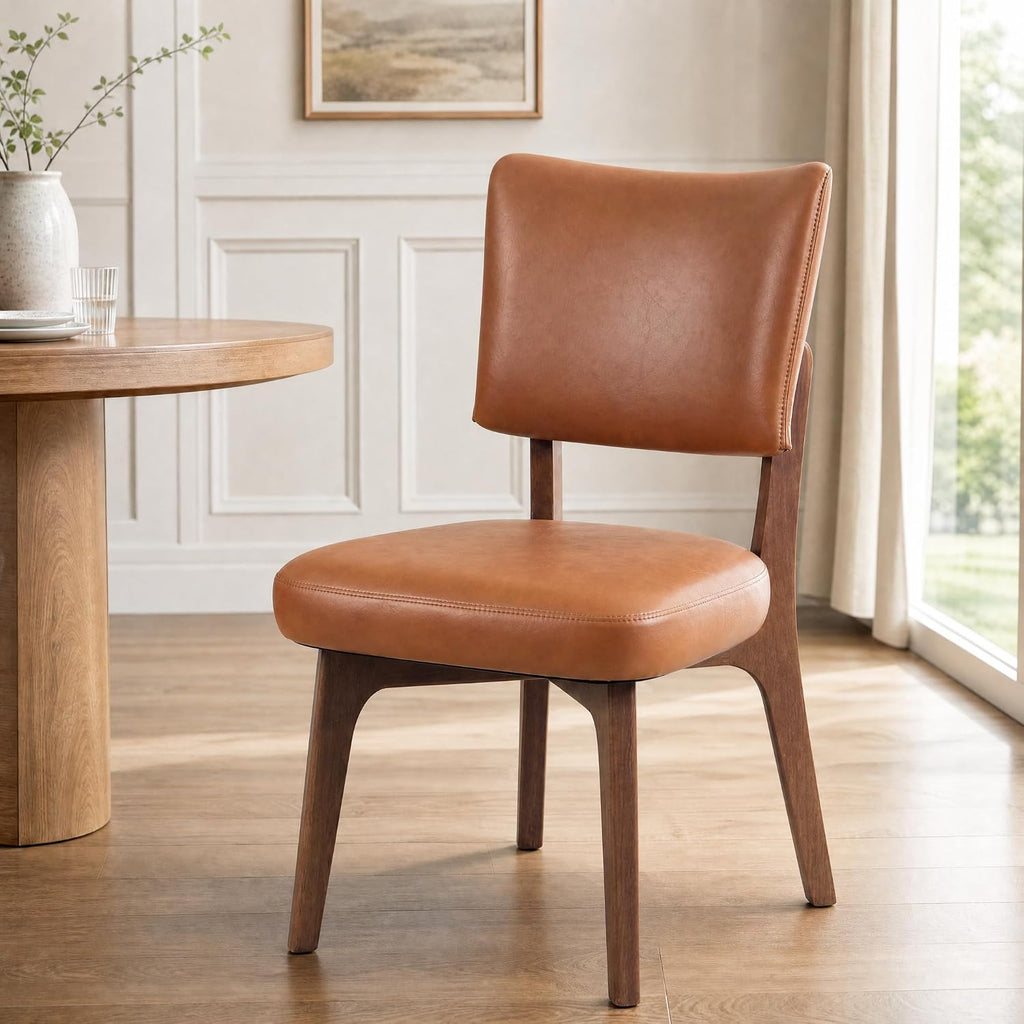 YOUNIKE Wooden Dining Chair, Faux Leather Upholstered Dining Room Chair Kitchen Chair, Mid Century Modern Dinner Chair with Solid Wood Legs for Kitchen Dining Vanity, Brown (Single Pack)