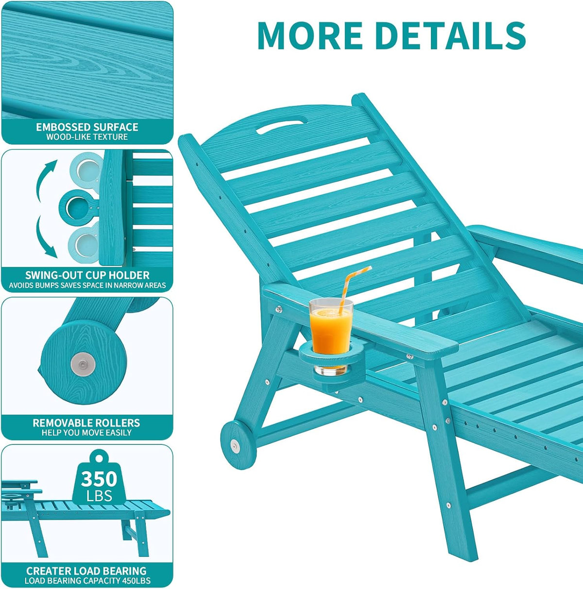 Plawdlik Oversized Patio Chaise Lounge, HDPE 5 Positions Adjustable, Aruba