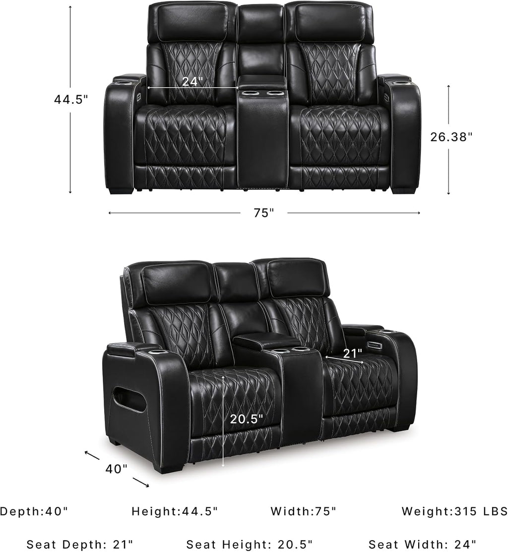 Signature Design by Ashley Boyington Power Reclining Loveseat with Console | A combination of leather and faux leather, Zero-gravity power recline, Air massage system and heat, USB storage console