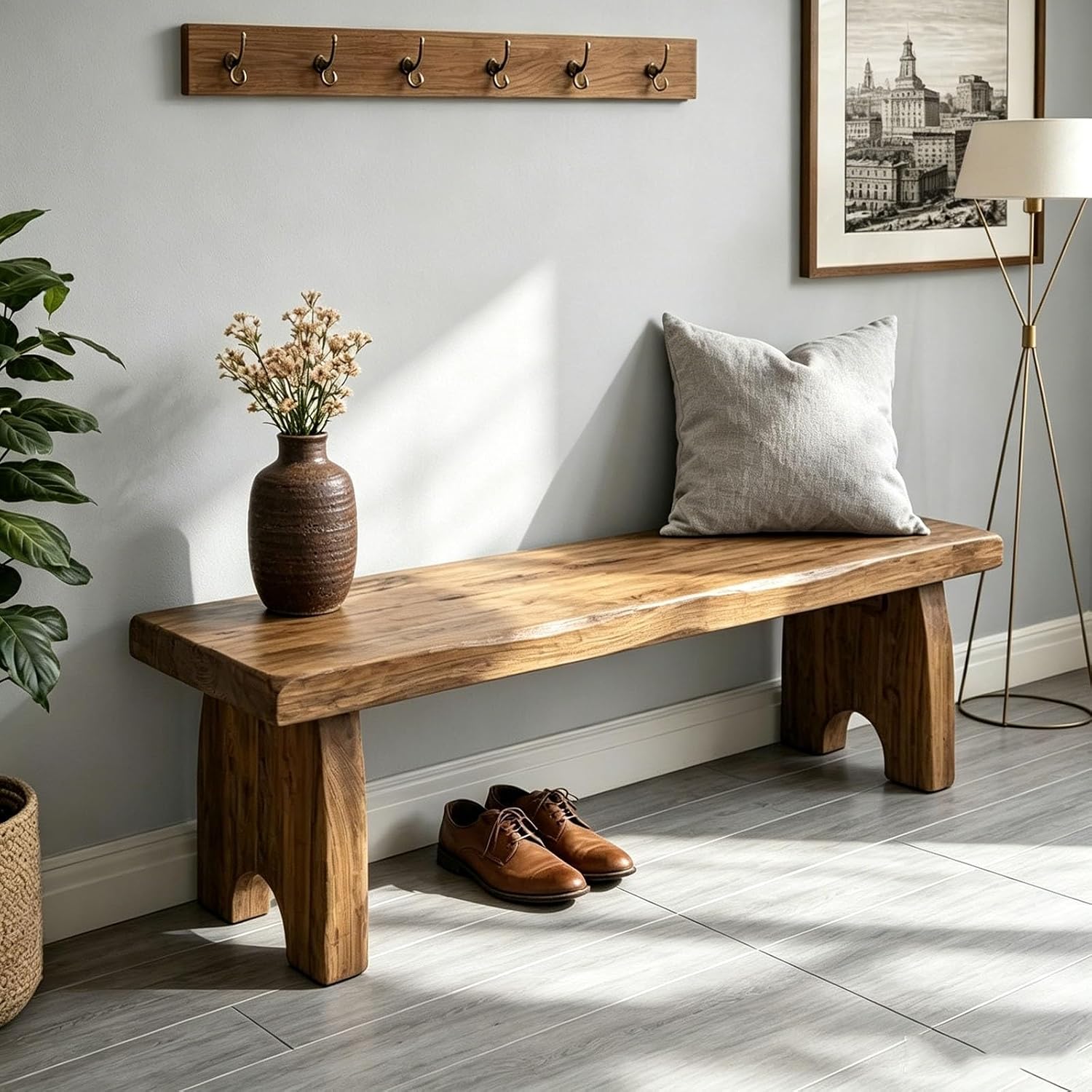 Entryway Bench, Solid Wood Bench, Wooden Shoe Bench for Entryway, Farmhouse End of Bed Bench for Bedroom, Dining Room, Kitchen, Outdoor Garden Seat, Indoor Window Seat, Plant Stand(L24xW7.9xH5.9inch)