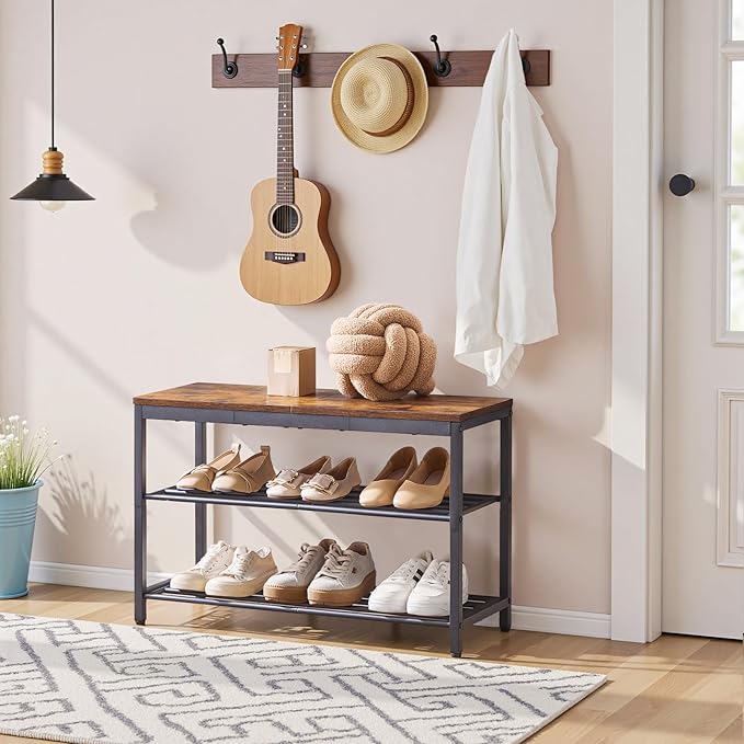HOOBRO Shoe Storage Bench, 29.5" L Entryway Bench Organizer, 3-Tier Shoe Rack for Closet, Shoe Shelf with Wooden Top Seat, Loads 300 lb, Space-Saving, Rustic Brown and Black BF76HX01