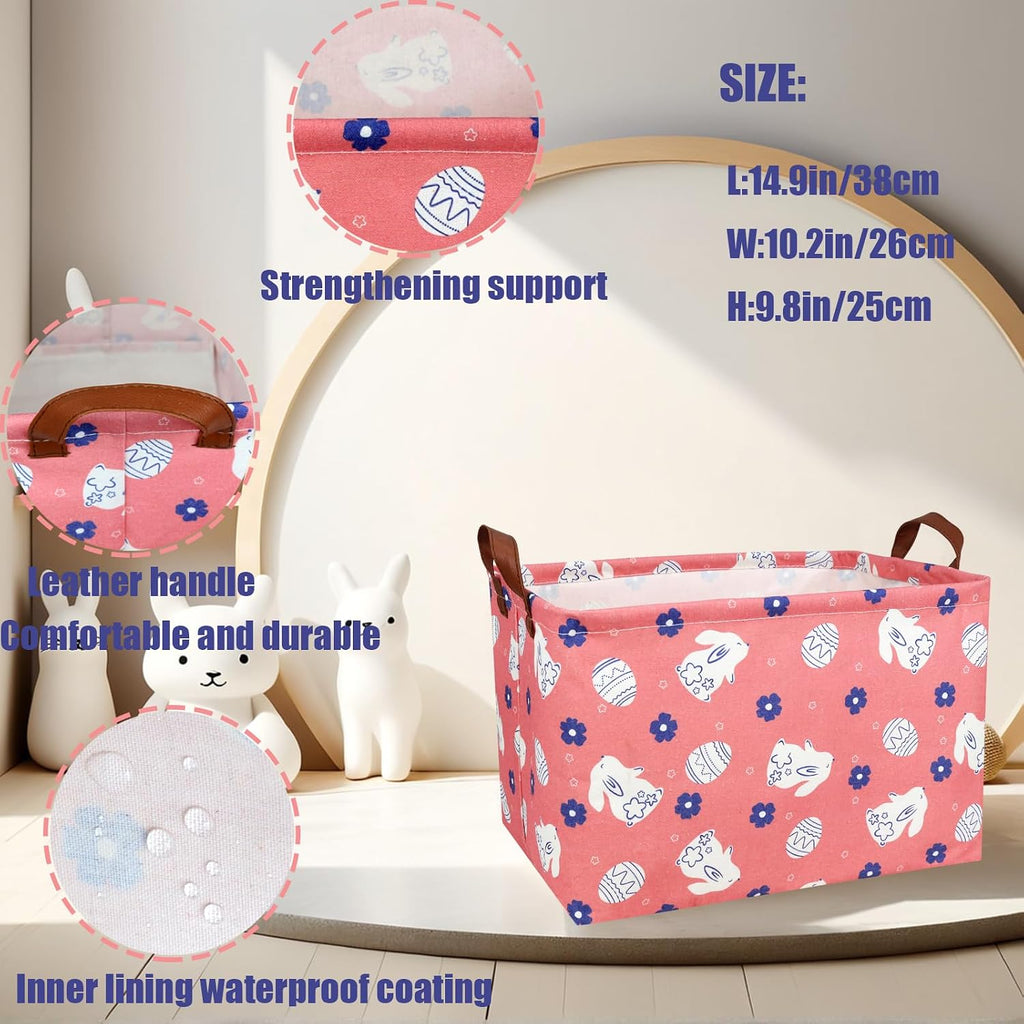 Large Rectangular Cute Kid Easter Basket Empty Bunny Eggs Easter Basket Gift Spring Room Storage Organizer Décor (Rabbit Pink Background)
