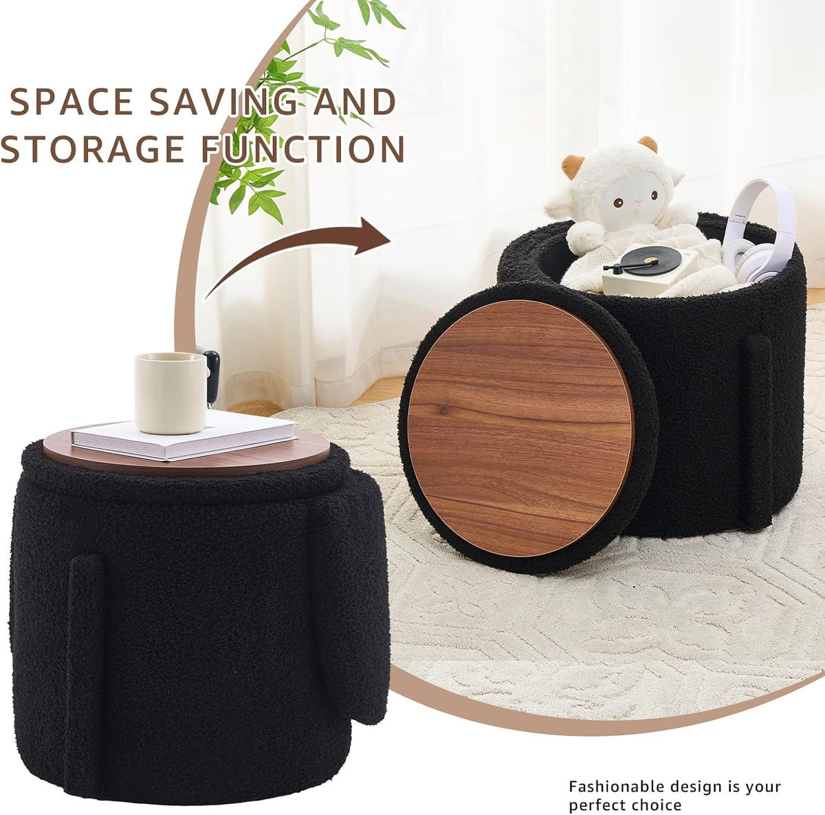 Storage Ottoman Modern Vanity Stool with Foldable Backrest | Teddy Velvet Footstool with Extra Seating Small Side Table Footrest Stool Makeup, Bedroom (Black)