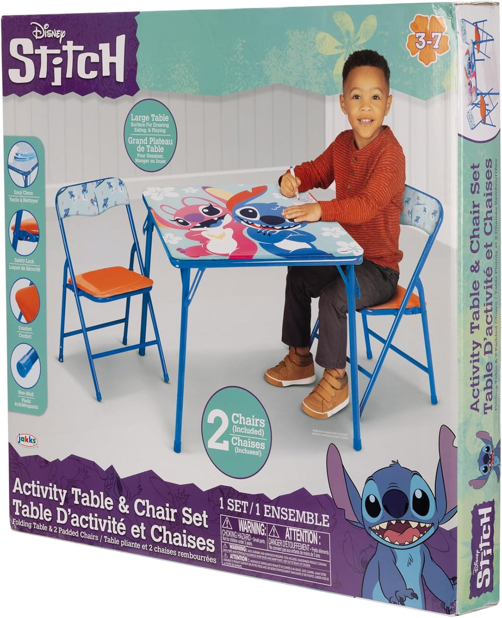 JAKKS Pacific Stitch Kids Table & Chairs Set for Kid and Toddler 36 Months Up to 7 Years, Includes: 1 Table (24" L x 24" W x 20" H), 2 Chairs (13" L x 13.5" W x 21" H) Weight Limit: 70 lb