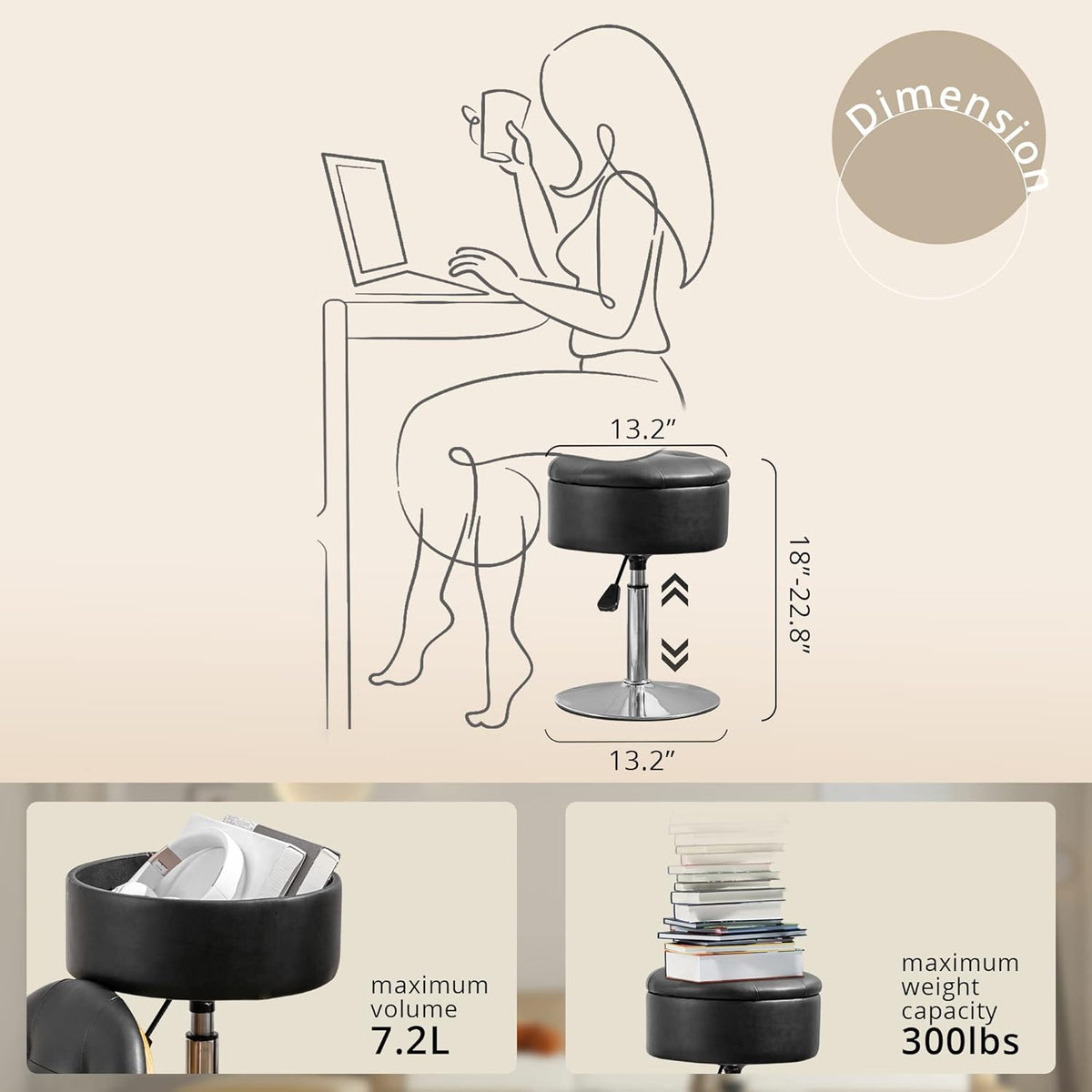 LUE BONA 360°Swivel Vanity Stool Chair for Makeup Room, Height Adjustable Stool for Vanity with Storage, Small Black Faux Leather for Bathroom, Living Room