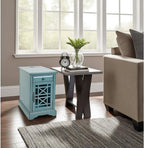 Blue Chairside End Table with USB Charging Ports, Acacia, Glass Construction