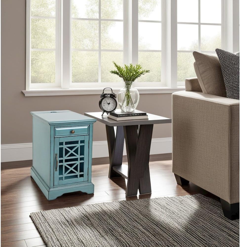 Blue Chairside End Table with USB Charging Ports, Acacia, Glass Construction