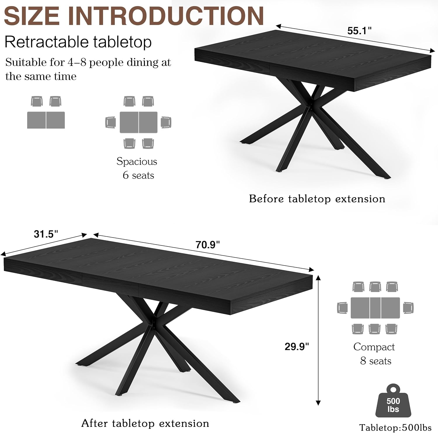 Extendable Dining Room Table for 4 6 8,55"-70" Kitchen Table Leaf,Black