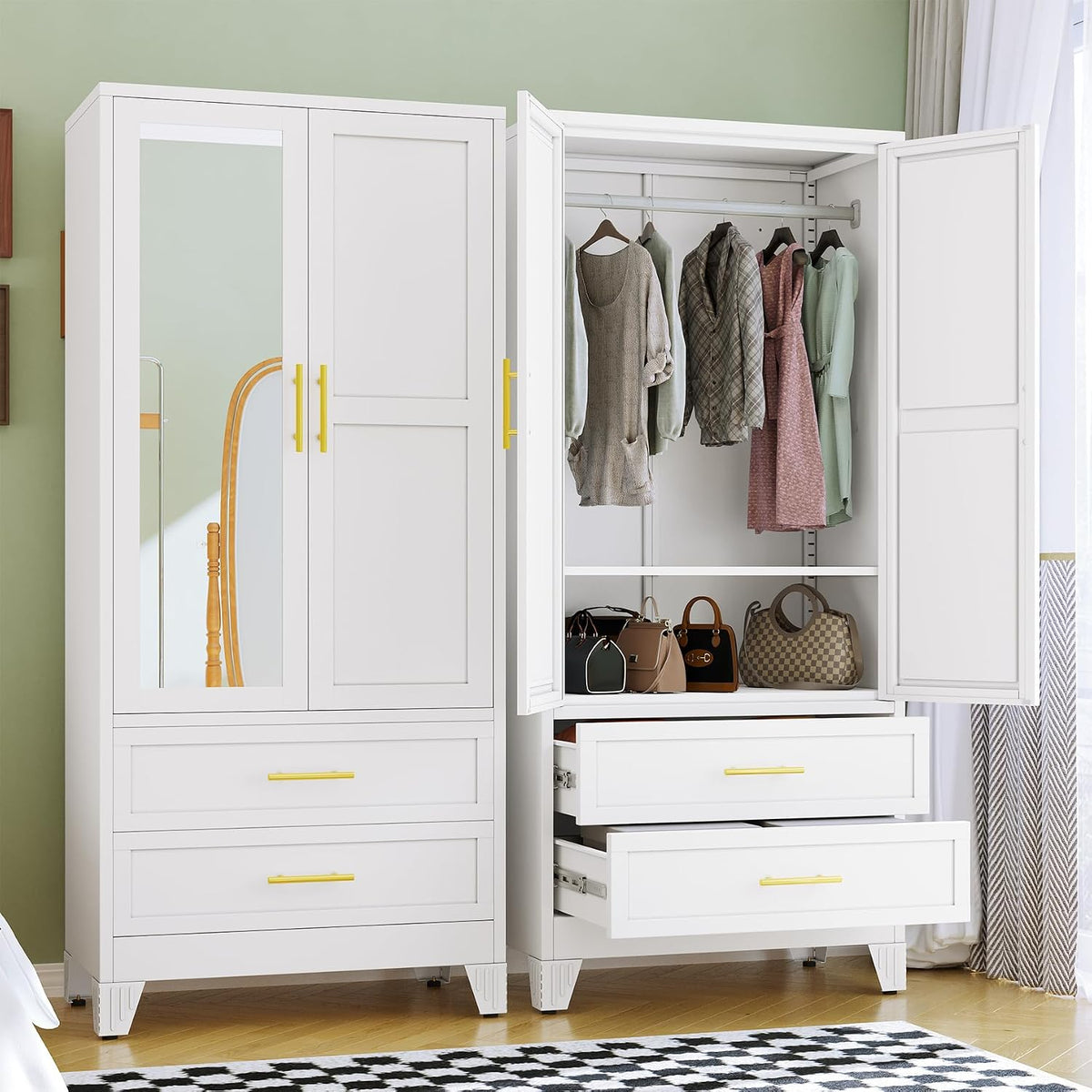 RIETERN Metal Armoire Wardrobe Closet, 71" Tall Bedroom Closet with Mirror | 2 Drawers, Adjustable Shelves, and Hanging Rod, Steel clothes closets and Storage, for Bedroom White