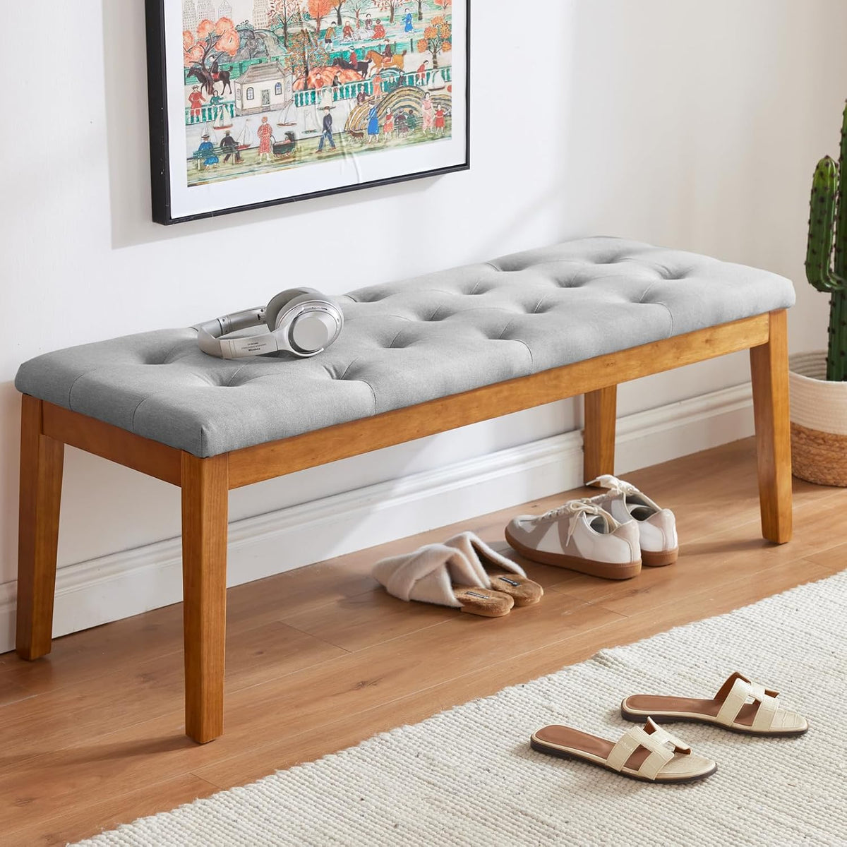 Ottoman Bench Oversized Entryway Shoe Bench Seat Linen Grey | Large Long Rectangle Dining Bench with Button-Tufted Padded Upholstered Seat & Wood Legs for Living Room Bedroom End of Bed