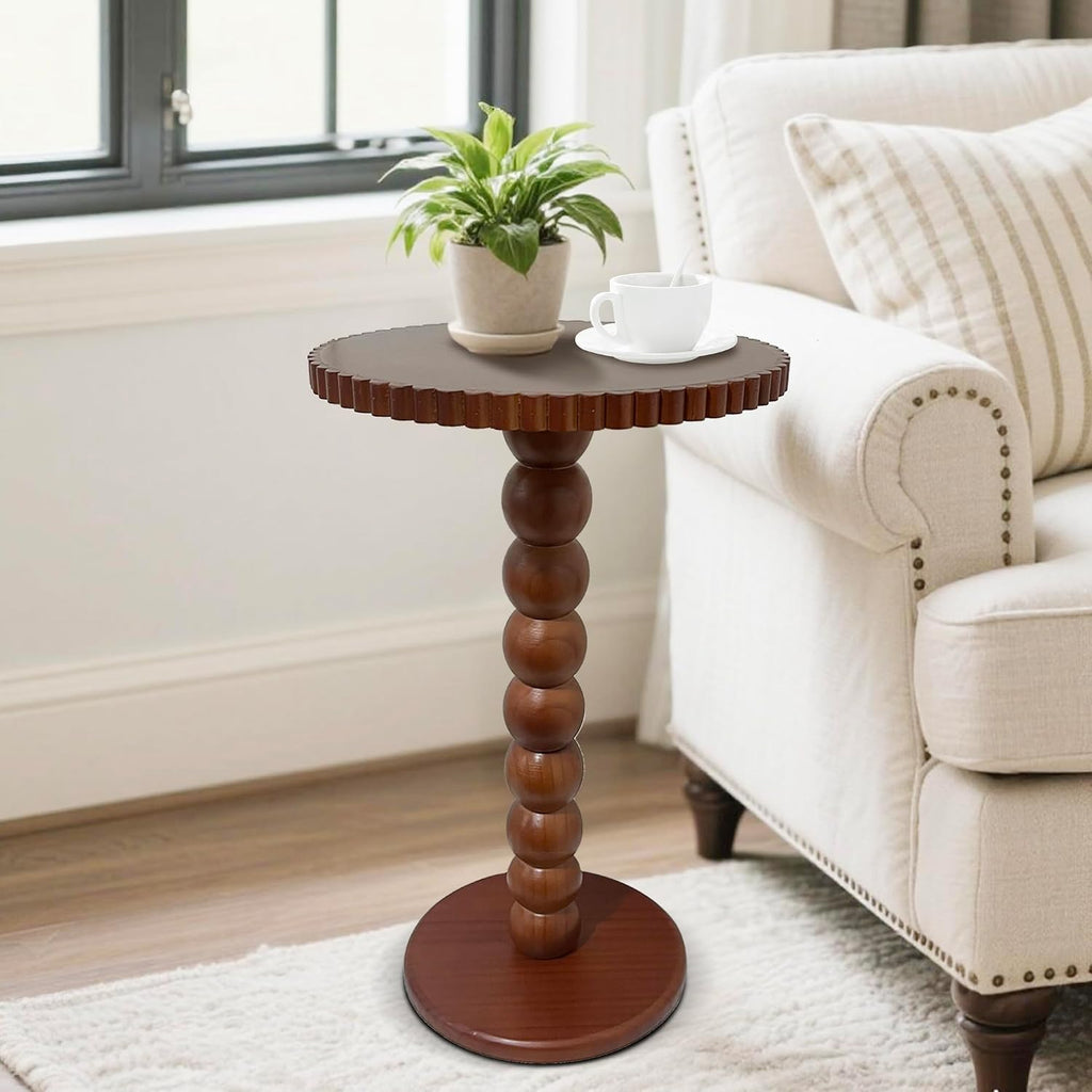 Slot Edge Round Side Table - Small Space Accent Table w/Solid Wood Leg - 12" Modern Drink Table, Nightstand for Bedroom, Living Room, Office & Tight Corners (Brown)